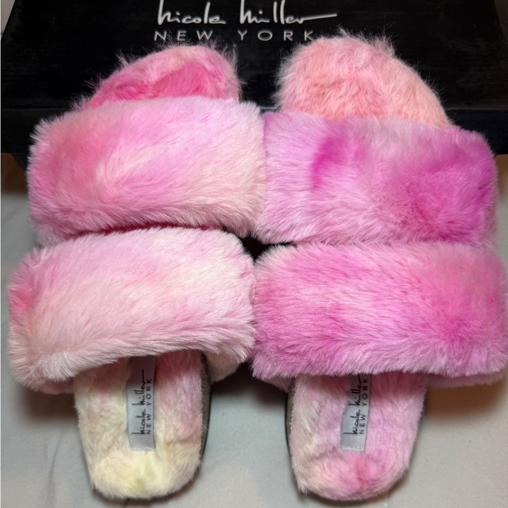 Nicole Miller Women Bamby Slipper Size 6 TIE DYE Slip-On Fuzzy Cork Heel NIB